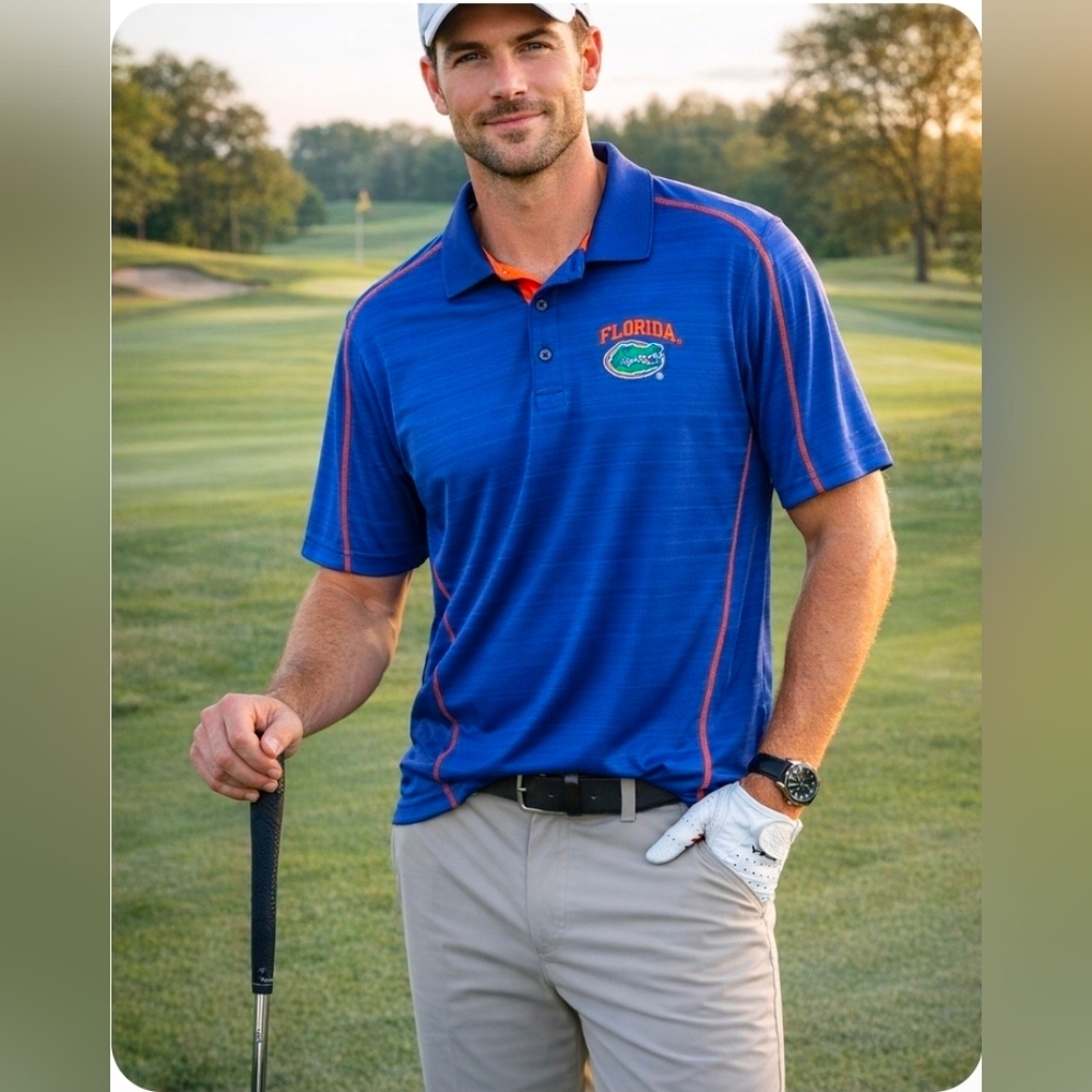 Champion Florida Gator Polo Shirt Mens Size M Blue Orange short sleeves *